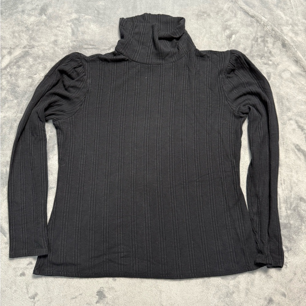 Candace Cameron Black Ribbed Puff Sleeve Mock Neck Top Women’s S